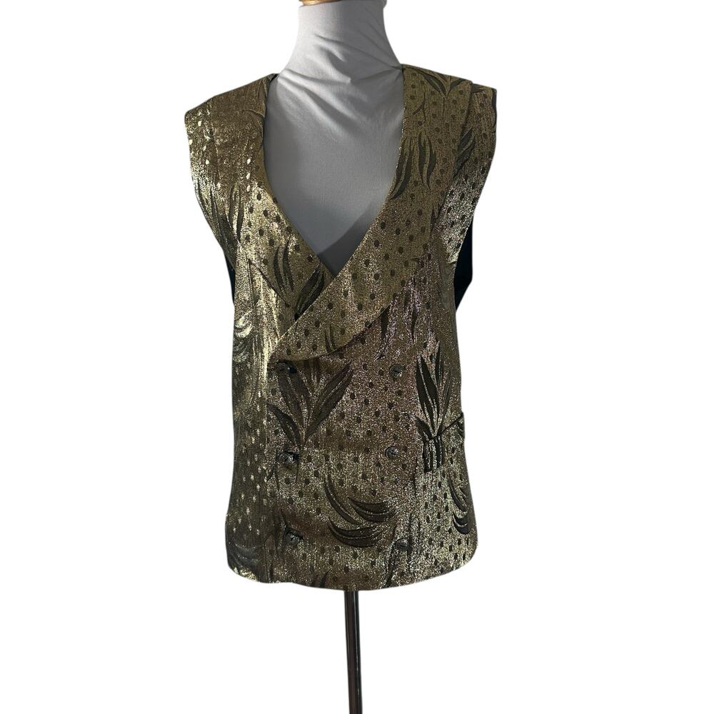 Vintage 80s Gold Metallic Lamé Brocade Custom Made Cocktail Vest L XL - Picture 8 of 9